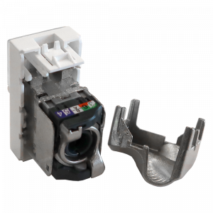 22.5x45 Mosaic insert, RJ-45 STP, category 5e, with shutter and enlarged label field, white